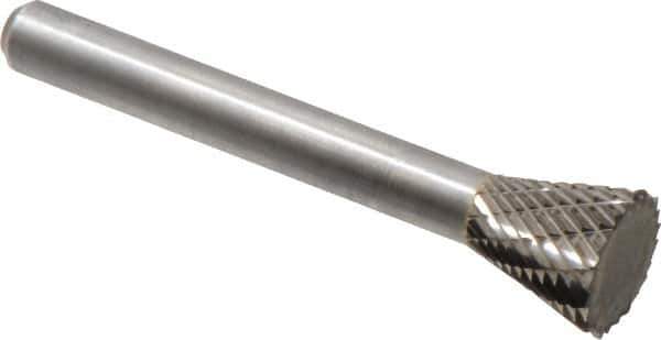 Atrax - 1/2" Cut Diam, 1/4" Shank Diam, Inverted Cone Head Double Cut Burr - Carbide, Flat End, 1/2" LOC, 2-1/4" OAL - Industrial Tool & Supply