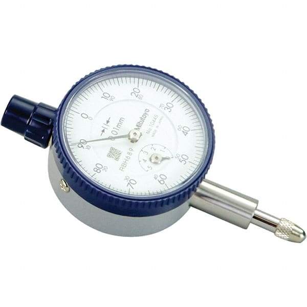Mitutoyo - 5mm Range, 0-100 Dial Reading, 0.01mm Graduation Dial Drop Indicator - 40mm Dial, 1mm Range per Revolution, 0.01mm Accuracy, Revolution Counter - Industrial Tool & Supply