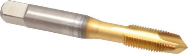 OSG - 3/8-24 UNF, 3 Flute, TiN Finish, High Speed Steel Spiral Point Tap - Plug Chamfer, Right Hand Thread, 2-15/16" OAL, 1-1/4" Thread Length, 0.381" Shank Diam, 3B Class of Fit, Series 105 - Exact Industrial Supply