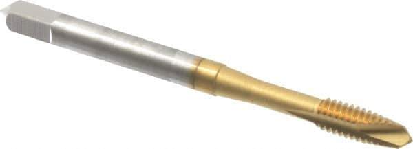 OSG - #8-32 UNC, 2 Flute, TiN Finish, High Speed Steel Spiral Point Tap - Plug Chamfer, Right Hand Thread, 2-1/8" OAL, 3/4" Thread Length, 0.168" Shank Diam, 3B Class of Fit, Series 105 - Exact Industrial Supply