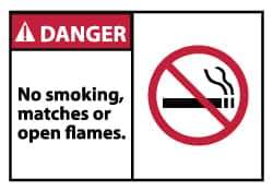 NMC - Accident Prevention Label, Header: DANGER - Legend: Danger - No Smoking, Matches or Open Flames, English, Red, Black & White, 5" Long x 3" High, Sign Muscle Finish - Industrial Tool & Supply