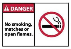 NMC - Accident Prevention Label, Header: DANGER - Legend: Danger - No Smoking, Matches or Open Flames, English, Red, Black & White, 5" Long x 3" High, Sign Muscle Finish - Industrial Tool & Supply