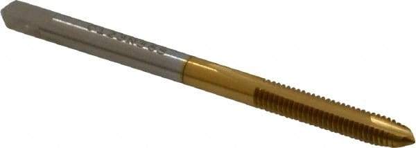 Hertel - #6-40 UNF, 2 Flute, TiN Finish, High Speed Steel Spiral Point Tap - Plug Chamfer, Right Hand Thread, 2" OAL, 11/16" Thread Length, 0.141" Shank Diam, 2B/3B Class of Fit - Exact Industrial Supply