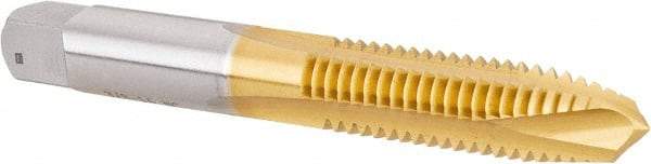 Hertel - 3/8-16 UNC, 3 Flute, TiN Finish, High Speed Steel Spiral Point Tap - Plug Chamfer, Right Hand Thread, 2-15/16" OAL, 1-1/4" Thread Length, 0.381" Shank Diam - Exact Industrial Supply