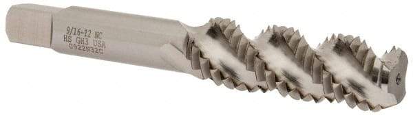 Hertel - 9/16-12 UNC 3 Flute Bottoming Spiral Flute Tap - High Speed Steel, Bright Finish, 3-19/32" OAL, Right Hand Flute, Right Hand Thread, H3 - Exact Industrial Supply