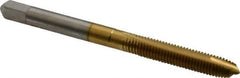 Hertel - M5x0.80 Metric Coarse, 2 Flute, TiN Finish, High Speed Steel Spiral Point Tap - Plug Chamfer, Right Hand Thread, 2-3/8" OAL, 7/8" Thread Length, 0.194" Shank Diam - Exact Industrial Supply