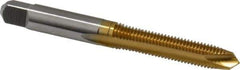 Hertel - M7x1.00 Metric Coarse, 2 Flute, TiN Finish, High Speed Steel Spiral Point Tap - Plug Chamfer, Right Hand Thread, 2-23/32" OAL, 1-1/8" Thread Length, 0.318" Shank Diam - Exact Industrial Supply