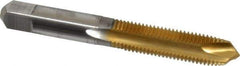 Hertel - M10x1.25 Metric Fine, 3 Flute, TiN Finish, High Speed Steel Spiral Point Tap - Plug Chamfer, Right Hand Thread, 2-15/16" OAL, 1-1/4" Thread Length, 0.381" Shank Diam - Exact Industrial Supply