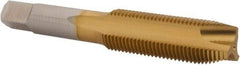 Hertel - M16x1.50 Metric Fine, 3 Flute, TiN Finish, High Speed Steel Spiral Point Tap - Plug Chamfer, Right Hand Thread, 3-13/16" OAL, 1-13/16" Thread Length, 0.48" Shank Diam - Exact Industrial Supply