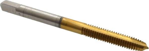 Hertel - M5x0.90 Metric Special, 2 Flute, TiN Finish, High Speed Steel Spiral Point Tap - Plug Chamfer, Right Hand Thread, 2-3/8" OAL, 7/8" Thread Length, 0.194" Shank Diam - Exact Industrial Supply
