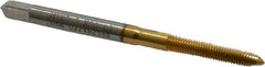 Hertel - M3x0.50 Metric Coarse, 2 Flute, TiN Finish, High Speed Steel Spiral Point Tap - Plug Chamfer, Right Hand Thread, 1-15/16" OAL, 5/8" Thread Length, 0.141" Shank Diam, 6H Class of Fit - Exact Industrial Supply