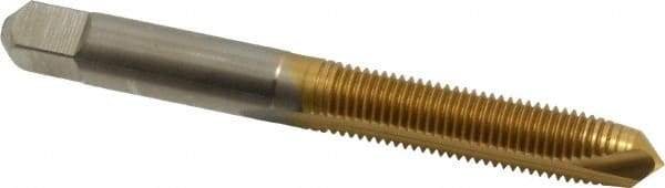 Hertel - M8x1.00 Metric Fine, 2 Flute, TiN Finish, High Speed Steel Spiral Point Tap - Plug Chamfer, Right Hand Thread, 2-23/32" OAL, 1-1/8" Thread Length, 0.318" Shank Diam - Exact Industrial Supply