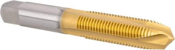 Hertel - M10x1.25 Metric Fine, 3 Flute, TiN Finish, High Speed Steel Spiral Point Tap - Plug Chamfer, Right Hand Thread, 2-15/16" OAL, 1-1/4" Thread Length, 0.381" Shank Diam - Exact Industrial Supply