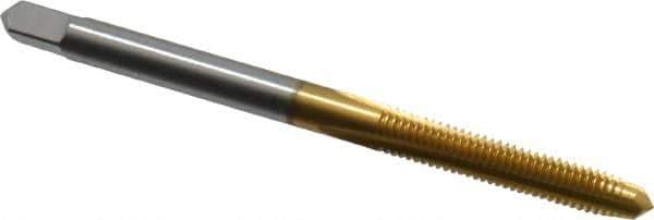 Hertel - M3.5x0.60 Metric Coarse 3 Flute TiN Finish High Speed Steel Straight Flute Standard Hand Tap - Plug, Right Hand Thread, 2" OAL, 11/16" Thread Length, D1 Limit, Oversize - Exact Industrial Supply