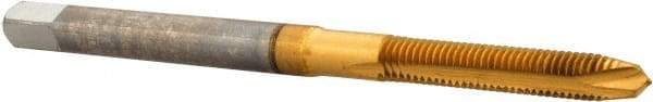 Hertel - M3x0.50 Metric Coarse, 2 Flute, TiN Finish, High Speed Steel Spiral Point Tap - Plug Chamfer, Right Hand Thread, 1-15/16" OAL, 5/8" Thread Length, 0.141" Shank Diam - Exact Industrial Supply