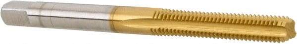 Hertel - M4x0.70 Metric Coarse 4 Flute TiN Finish High Speed Steel Straight Flute Standard Hand Tap - Bottoming, Right Hand Thread, 2-1/8" OAL, 3/4" Thread Length, D2 Limit, Oversize - Exact Industrial Supply