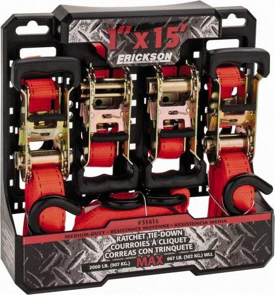 Erickson Manufacturing - 15' Long x 1" Wide, 2,000 Lb Basket Capacity, Polyester Web Sling - Orange, with Ratchet Tie Down - Industrial Tool & Supply