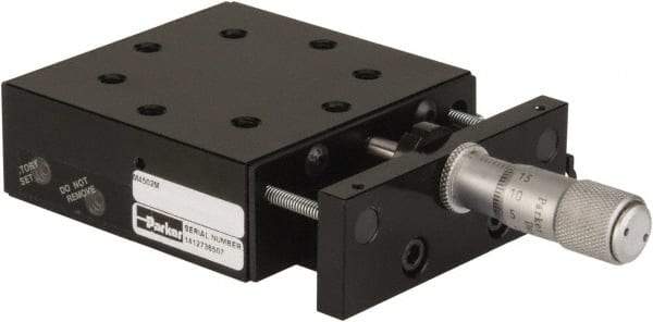 Parker - 29 Kg Capacity, M5 Mount Hole, 13mm Travel, Precision Ball Bearing Table with Center Drive - Single Axis, 8 Mounting Holes, 66-1/2mm Long x 66-1/2mm Wide x 25.4mm High - Industrial Tool & Supply