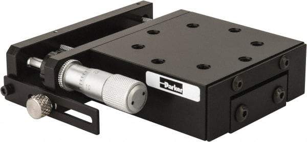 Parker - 62 Lb. Capacity, 10-32 Mount Hole, 1/2" Travel, Precision Ball Bearing Table with Side Drive - Single Axis, 8 Mounting Holes, 2.56" Long x 2.62" Wide x 1" High - Industrial Tool & Supply