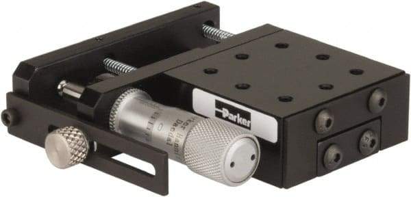Parker - 25 Lb. Capacity, 6-32 Mount Hole, 1/2" Travel, Precision Ball Bearing Table with Side Drive - Single Axis, 8 Mounting Holes, 1-3/4" Long x 1-3/4" Wide x 3/4" High - Industrial Tool & Supply