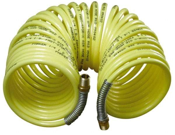 Parker - 1/2" ID, 1/2 Thread, 12' Long, Yellow Nylon Coiled & Self Storing Hose - 225 Max psi, Male Rigid x Male Swivel - Industrial Tool & Supply