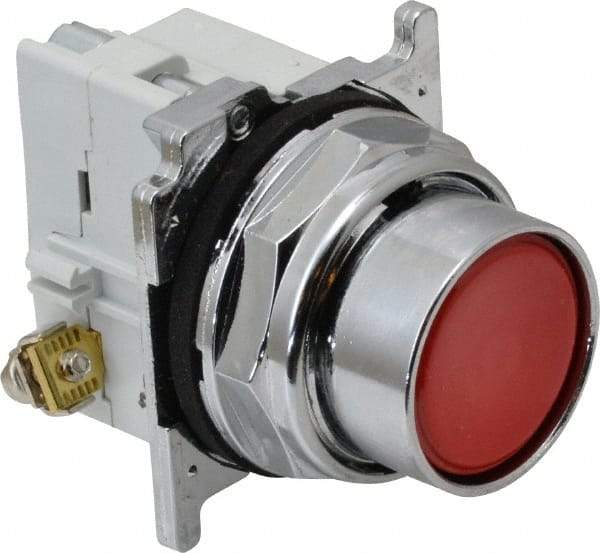 Eaton Cutler-Hammer - 30-1/2mm Mount Hole, Flush, Pushbutton Switch with Contact Block - Round, Red Pushbutton, Nonilluminated, Momentary (MO), Corrosion Resistant, Oiltight and Watertight - Industrial Tool & Supply