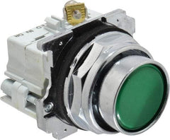 Eaton Cutler-Hammer - 30-1/2mm Mount Hole, Flush, Pushbutton Switch with Contact Block - Round, Green Pushbutton, Nonilluminated, Momentary (MO), Corrosion Resistant, Oiltight and Watertight - Industrial Tool & Supply