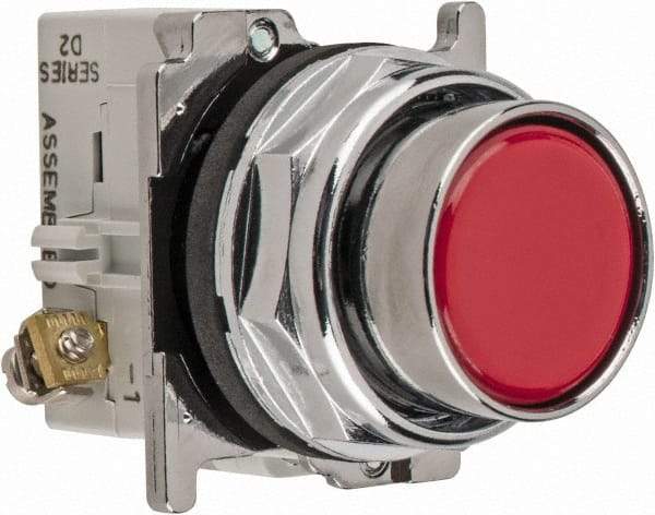 Eaton Cutler-Hammer - 30-1/2mm Mount Hole, Flush, Pushbutton Switch with Contact Block - Round, Red Pushbutton, Nonilluminated, Momentary (MO), Corrosion Resistant, Oiltight and Watertight - Industrial Tool & Supply
