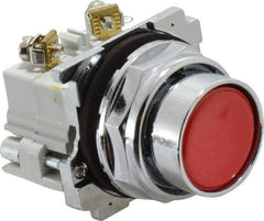 Eaton Cutler-Hammer - 30-1/2mm Mount Hole, Flush, Pushbutton Switch with Contact Block - Round, Red Pushbutton, Nonilluminated, Momentary (MO), Corrosion Resistant, Oiltight and Watertight - Industrial Tool & Supply