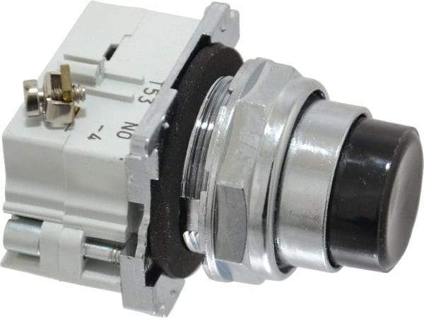 Eaton Cutler-Hammer - 30-1/2mm Mount Hole, Extended Straight, Pushbutton Switch with Contact Block - Round, Black Pushbutton, Nonilluminated, Momentary (MO), Corrosion Resistant, Oiltight and Watertight - Industrial Tool & Supply