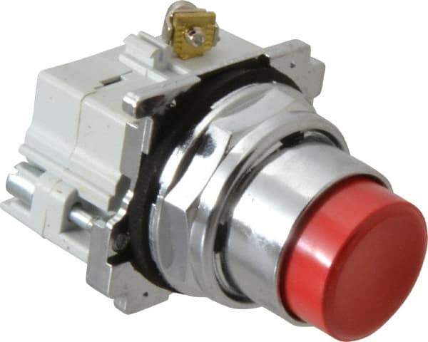 Eaton Cutler-Hammer - 30-1/2mm Mount Hole, Extended Straight, Pushbutton Switch with Contact Block - Round, Red Pushbutton, Nonilluminated, Momentary (MO), Corrosion Resistant, Oiltight and Watertight - Industrial Tool & Supply