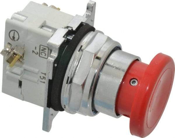 Eaton Cutler-Hammer - 30-1/2mm Mount Hole, Extended Mushroom Head, Pushbutton Switch with Contact Block - Round, Red Pushbutton, Nonilluminated, Momentary (MO), Corrosion Resistant, Oiltight and Watertight - Industrial Tool & Supply