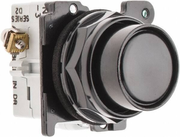 Eaton Cutler-Hammer - 30-1/2mm Mount Hole, Flush, Pushbutton Switch with Contact Block - Round, Black Pushbutton, Nonilluminated, Momentary (MO), Corrosion Resistant, Oiltight and Watertight - Industrial Tool & Supply