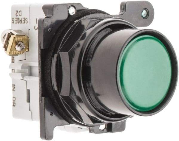 Eaton Cutler-Hammer - 30-1/2mm Mount Hole, Flush, Pushbutton Switch with Contact Block - Round, Green Pushbutton, Nonilluminated, Momentary (MO), Corrosion Resistant, Oiltight and Watertight - Industrial Tool & Supply