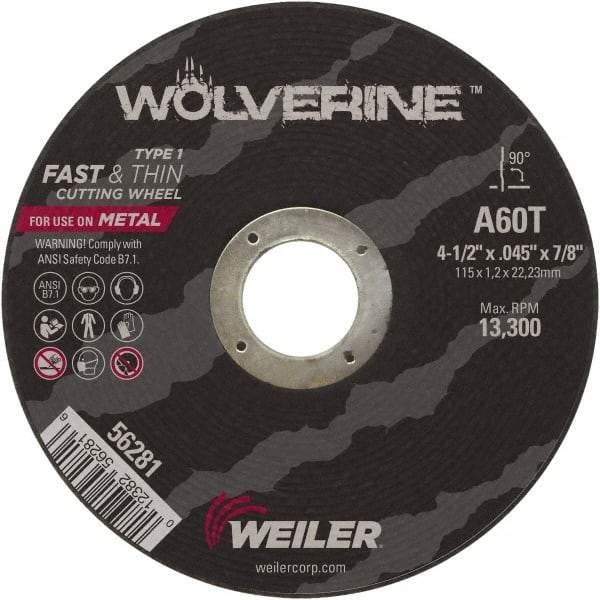 Weiler - 4-1/2" 60 Grit Aluminum Oxide Cutoff Wheel - 0.045" Thick, 7/8" Arbor, 13,300 Max RPM, Use with Angle Grinders - Industrial Tool & Supply