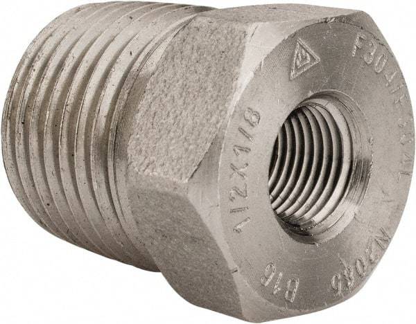 Merit Brass - 1/2 x 1/8" Grade 304/304L Stainless Steel Pipe Hex Bushing - MNPT x FNPT End Connections, 3,000 psi - Industrial Tool & Supply