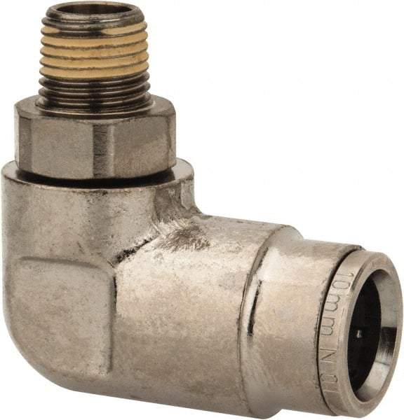 Norgren - 10mm Outside Diam, 1/8 BSPT, Nickel Plated Brass Push-to-Connect Tube Male Swivel Elbow - 260 Max psi, Tube to Male BSPT Connection, Nitrile O-Ring - Industrial Tool & Supply