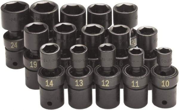 SK - 15 Piece 1/2" Drive Standard Impact Socket Set - 6 Points, 10 to 24mm, Metric Measurement Standard - Industrial Tool & Supply
