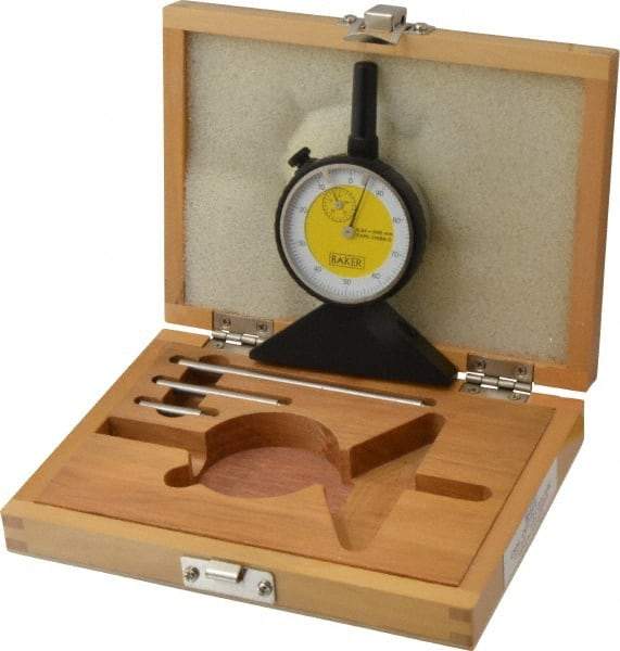 Value Collection - 0 to 200 mm Range, White Dial Depth Gage - 0.01 mm Graduation, 0.05 mm Accuracy, 10 mm Travel, 3-1/8 Inch Base Measuring Length - Industrial Tool & Supply