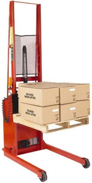 Wesco Industrial Products - 1,000 Lb Capacity, 56" Lift Height, Battery Powered Stacker - 3/4" Lowered Height, 18" Load Center, 25" Fork Length, 32" Overall Width - Industrial Tool & Supply