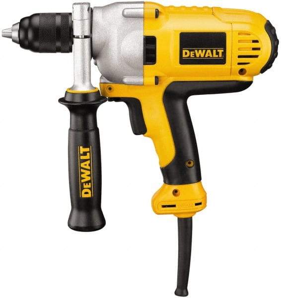 DeWALT - 1/2" Keyless Chuck, 0 to 1,250 RPM, Mid-Handle Grip Electric Drill - 10 Amps, Reversible, Includes 360° Locking Side Handle with Soft Grip - Industrial Tool & Supply