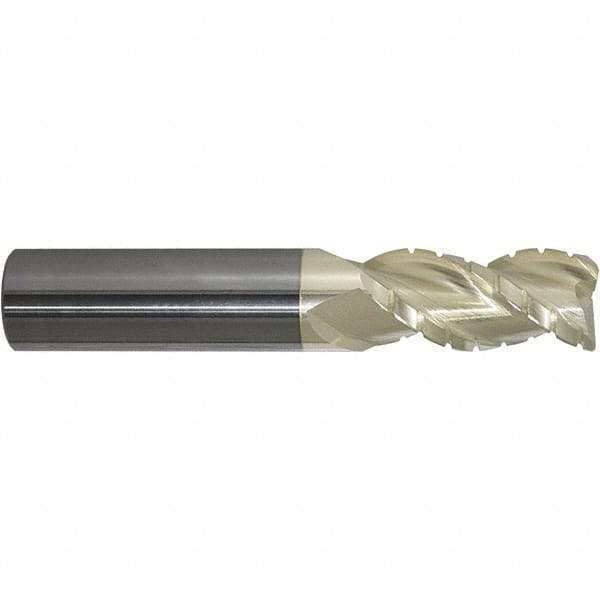 ProMax - 3/4" Diam, 1" LOC, 3 Flute Solid Carbide Roughing & Finishing Corner Radius End Mill - ZrN Finish, 3" OAL, 3/4" Shank Diam, Weldon Shank, 40° Helix, Centercutting, Stub Length - Industrial Tool & Supply