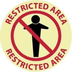 NMC - Restricted Area - Restricted Area, Anti-Skid Polyester Floor Sign - Round, Red & Black on Yellow (Glow), Adhesive Backed, For Security & Admittance - Industrial Tool & Supply