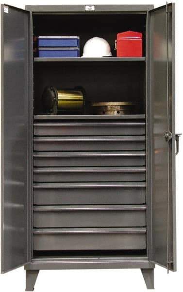 Strong Hold - 2 Shelf 7 Bin Locking Storage Cabinet - Steel, 36" Wide x 24" Deep x 78" High, Dark Gray - Industrial Tool & Supply