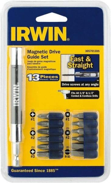 Irwin - 13 Piece, 1/4" Drive Screwdriver Drive Guide - #1 to #3 Phillips, 0.05 to 1/4" Hex, 1.27 to 10mm Hex, #1 & #2 Square Recess - Industrial Tool & Supply