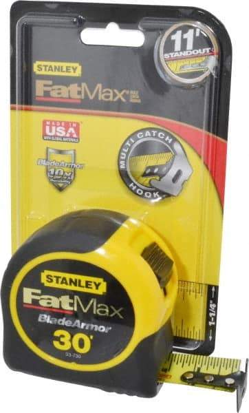 Stanley - 30' x 1-1/4" Yellow Blade Tape Measure - 1/16" Graduation, Inch Graduation Style, Yellow/Black Case - Industrial Tool & Supply