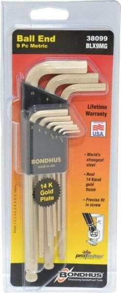 Bondhus - 9 Piece L-Key Ball End Hex Key Set - Hex Range 1.5 to 10mm, Steel - Industrial Tool & Supply
