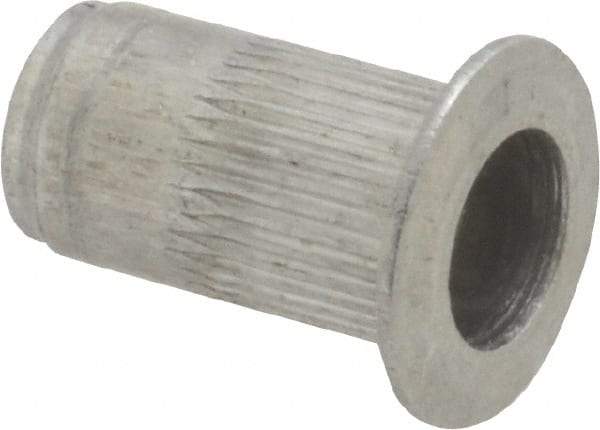 Made in USA - #8-32, 0.265 Insert Diam, 0.47" OAL, Knurled Body Open End Threaded Insert - 0.2656" Hole Diam, 0.39" Head Diam, 5056 Aluminum, Clear Protective Coating - Industrial Tool & Supply