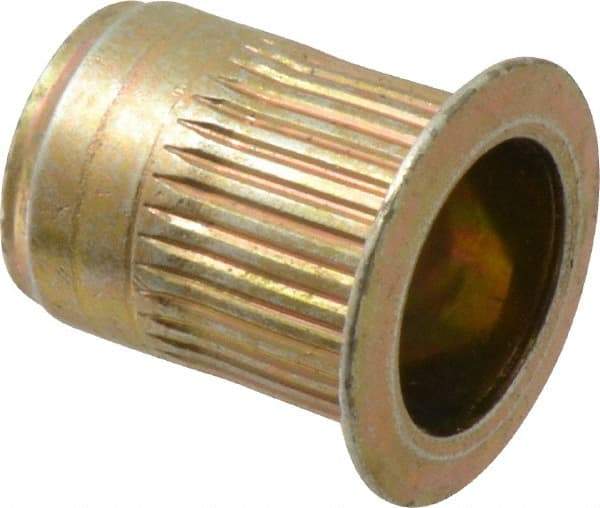 Made in USA - M10x1.50, 13.46mm Insert Diam, 17.53mm OAL, Knurled Body Open End Threaded Insert - 13.5mm Hole Diam, 17.4mm Head Diam, 1008/1010 Steel, Clear Protective Coating & Zinc Yellow Dichromate Finish - Industrial Tool & Supply