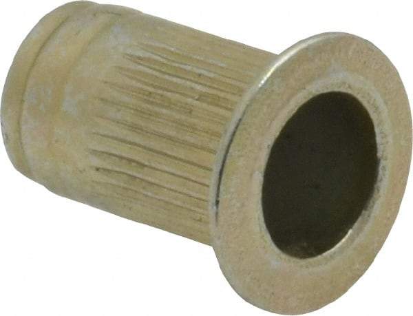 Made in USA - #10-24, 0.296 Insert Diam, 0.475" OAL, Knurled Body Open End Threaded Insert - 0.2969" Hole Diam, 0.415" Head Diam, 1008/1010 Steel, Clear Protective Coating & Zinc Yellow Dichromate Finish - Industrial Tool & Supply
